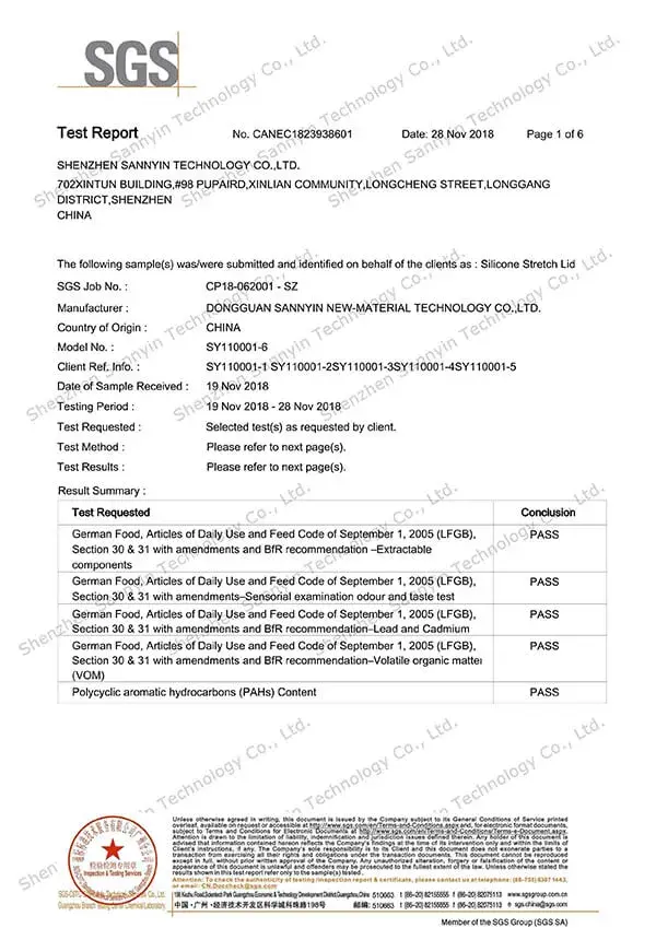 LFGB Food Safe Test report