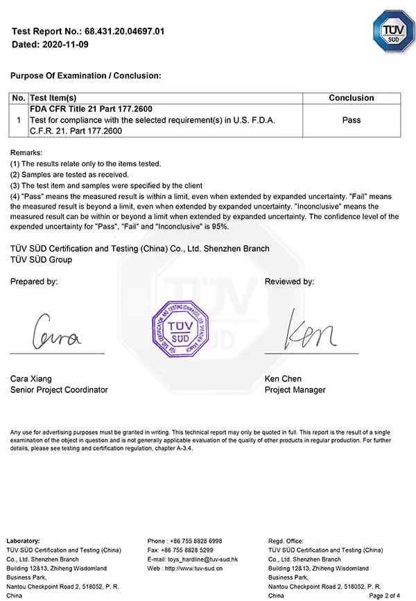 FDA Food Safe Test report for SANNYIN silicone products